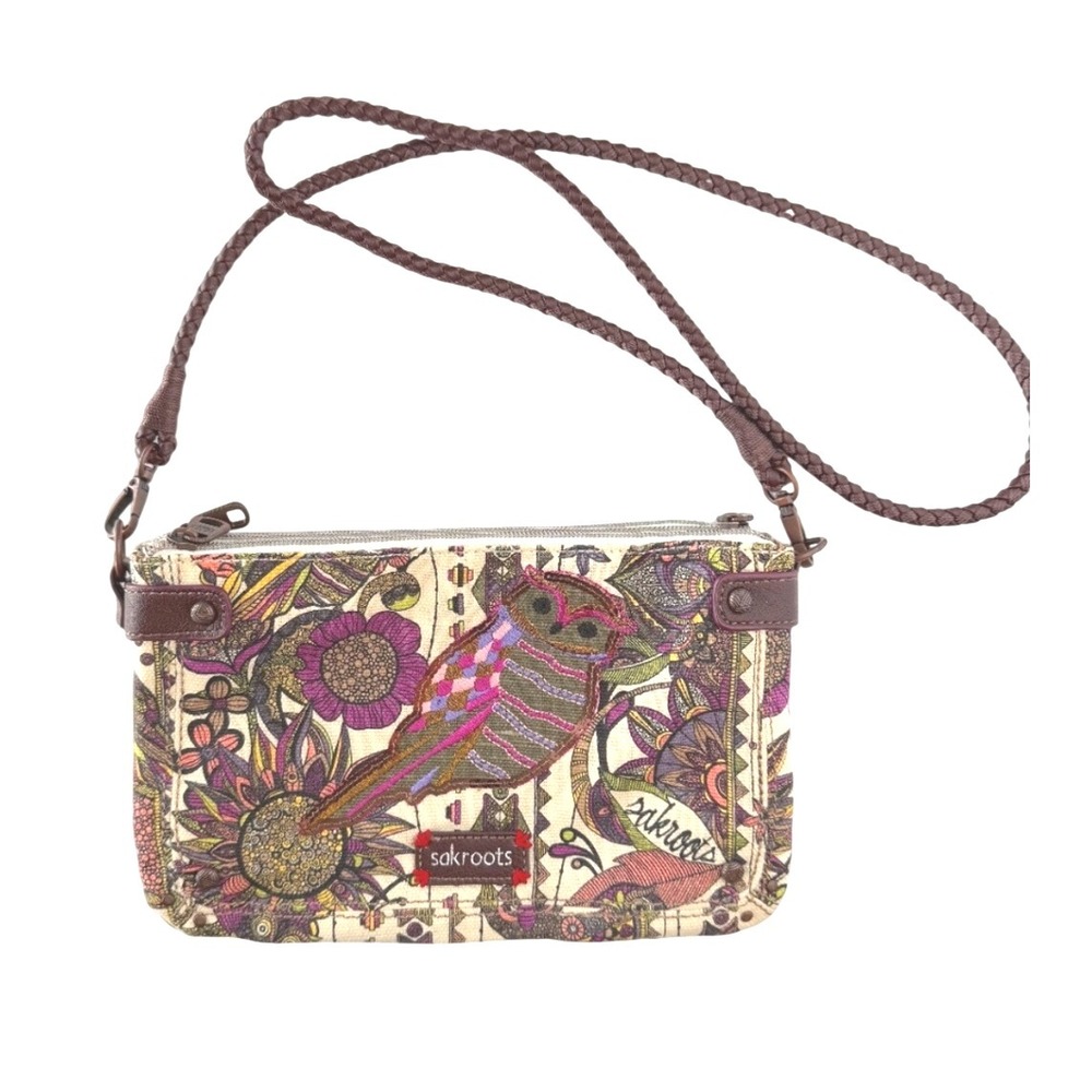 Sakroots Owl Floral Embroidered‎ Crossbody Bag Tan Purple Pink Braided Strap